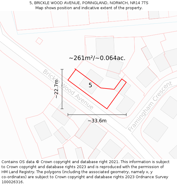 5, BRICKLE WOOD AVENUE, PORINGLAND, NORWICH, NR14 7TS: Plot and title map