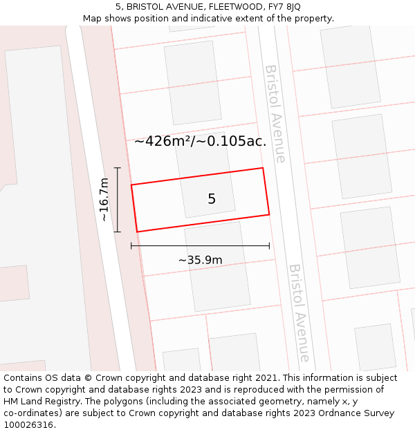 5, BRISTOL AVENUE, FLEETWOOD, FY7 8JQ: Plot and title map