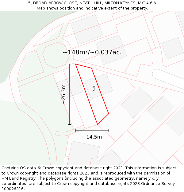 5, BROAD ARROW CLOSE, NEATH HILL, MILTON KEYNES, MK14 6JA: Plot and title map