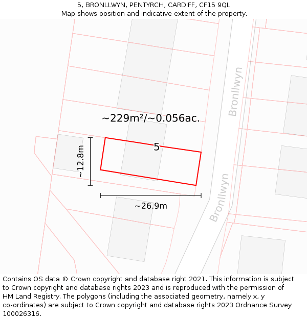 5, BRONLLWYN, PENTYRCH, CARDIFF, CF15 9QL: Plot and title map