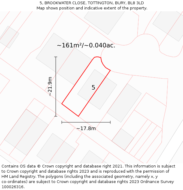 5, BROOKWATER CLOSE, TOTTINGTON, BURY, BL8 3LD: Plot and title map