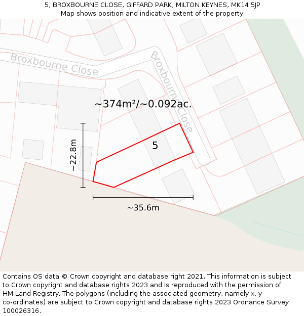 5, BROXBOURNE CLOSE, GIFFARD PARK, MILTON KEYNES, MK14 5JP: Plot and title map