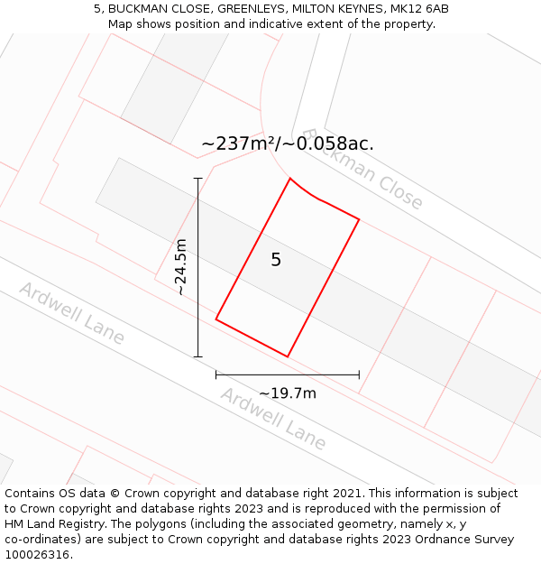 5, BUCKMAN CLOSE, GREENLEYS, MILTON KEYNES, MK12 6AB: Plot and title map