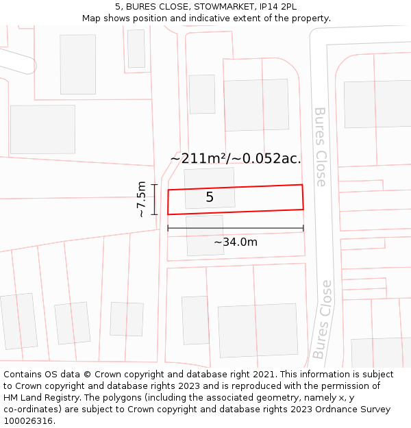 5, BURES CLOSE, STOWMARKET, IP14 2PL: Plot and title map