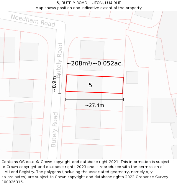 5, BUTELY ROAD, LUTON, LU4 9HE: Plot and title map