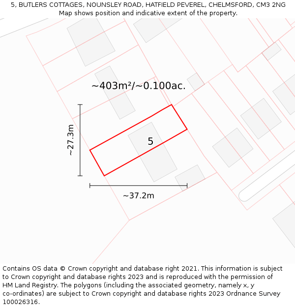 5, BUTLERS COTTAGES, NOUNSLEY ROAD, HATFIELD PEVEREL, CHELMSFORD, CM3 2NG: Plot and title map