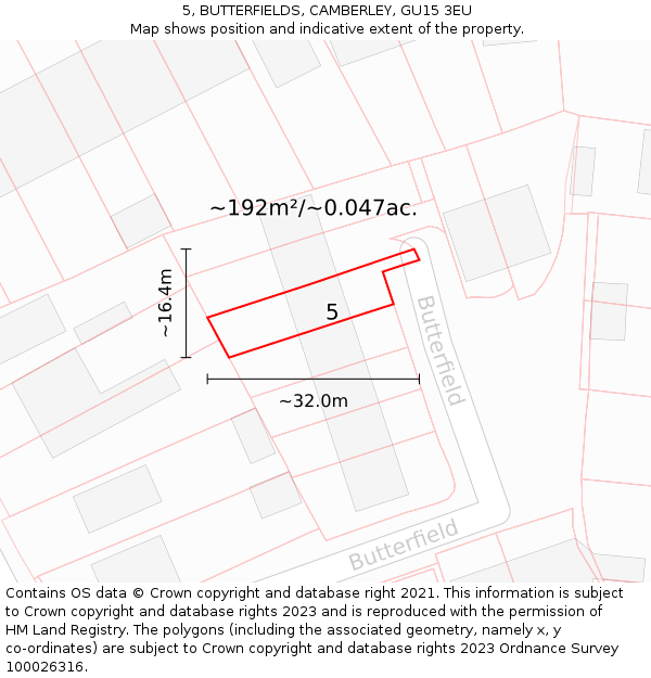 5, BUTTERFIELDS, CAMBERLEY, GU15 3EU: Plot and title map