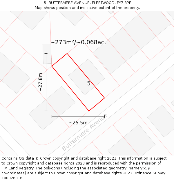 5, BUTTERMERE AVENUE, FLEETWOOD, FY7 8PF: Plot and title map