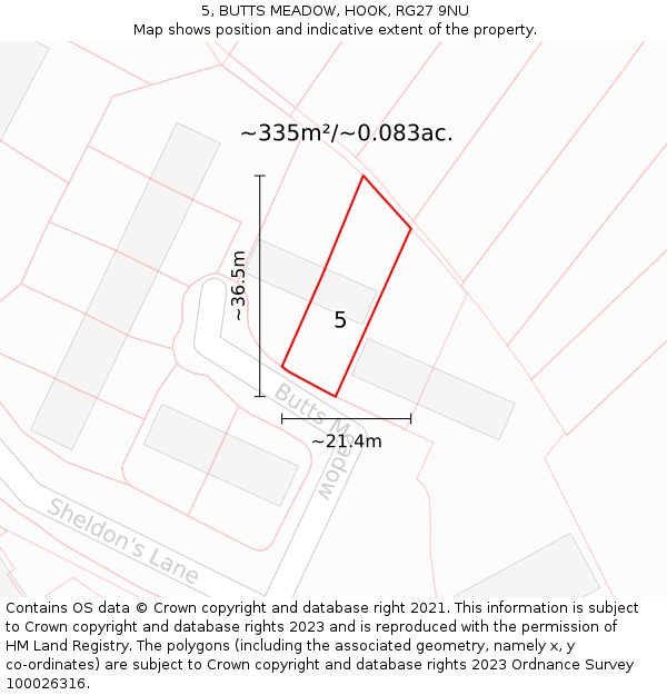 5, BUTTS MEADOW, HOOK, RG27 9NU: Plot and title map