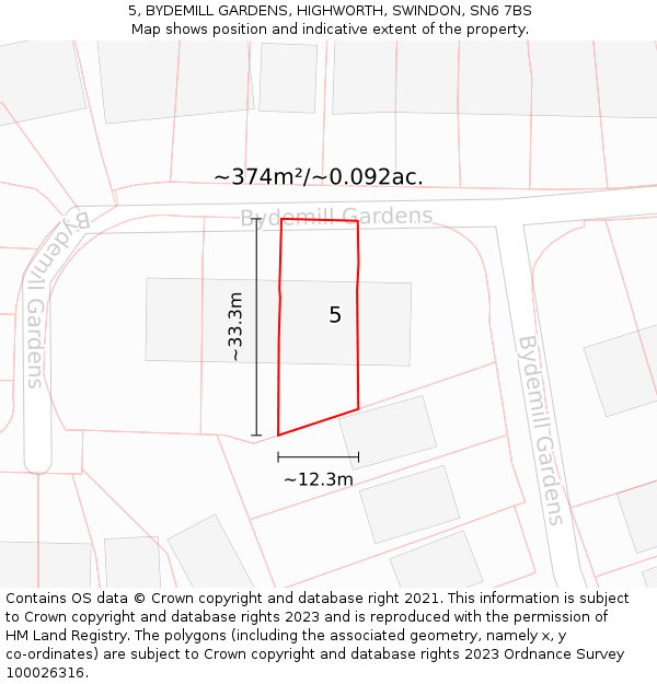 5, BYDEMILL GARDENS, HIGHWORTH, SWINDON, SN6 7BS: Plot and title map