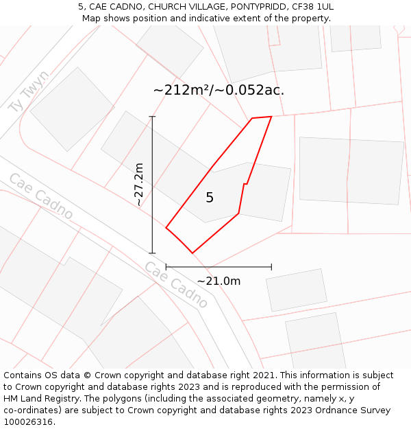 5, CAE CADNO, CHURCH VILLAGE, PONTYPRIDD, CF38 1UL: Plot and title map