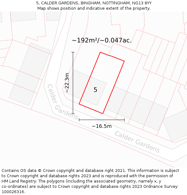 5, CALDER GARDENS, BINGHAM, NOTTINGHAM, NG13 8YY: Plot and title map