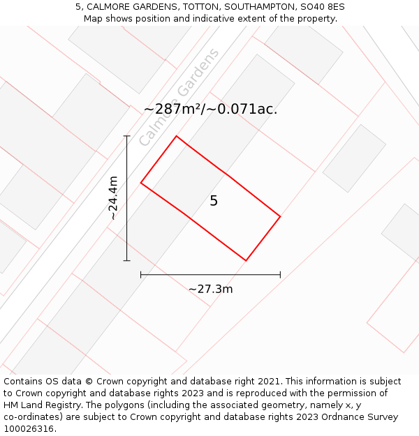 5, CALMORE GARDENS, TOTTON, SOUTHAMPTON, SO40 8ES: Plot and title map