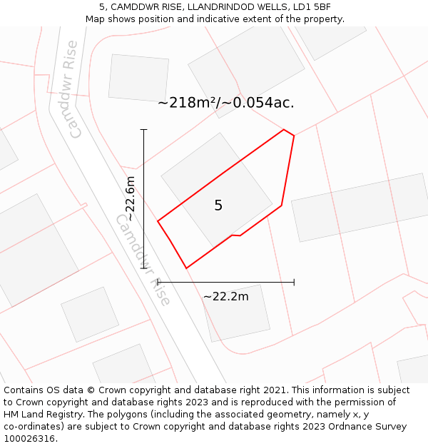 5, CAMDDWR RISE, LLANDRINDOD WELLS, LD1 5BF: Plot and title map