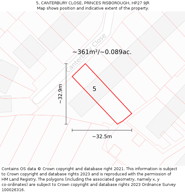 5, CANTERBURY CLOSE, PRINCES RISBOROUGH, HP27 9JR: Plot and title map