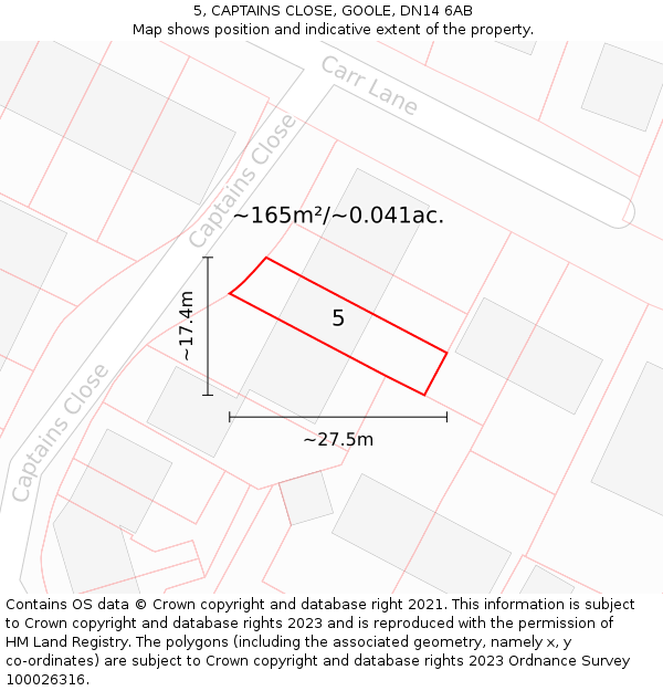 5, CAPTAINS CLOSE, GOOLE, DN14 6AB: Plot and title map