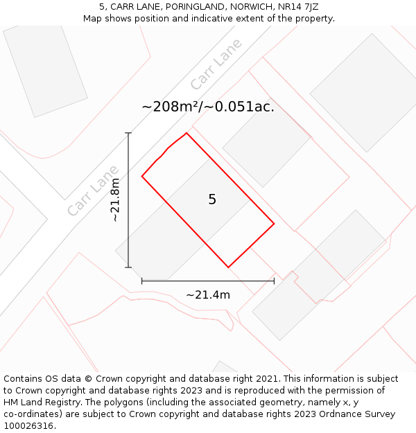 5, CARR LANE, PORINGLAND, NORWICH, NR14 7JZ: Plot and title map