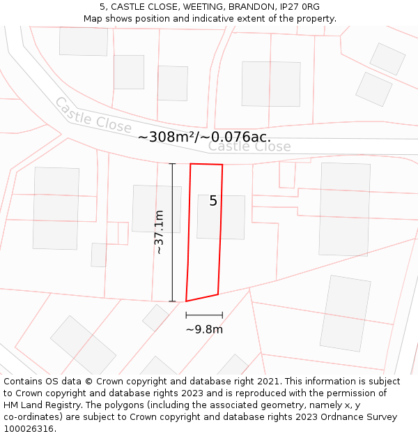 5, CASTLE CLOSE, WEETING, BRANDON, IP27 0RG: Plot and title map