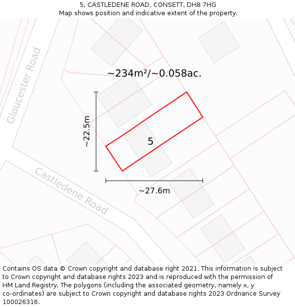 5, CASTLEDENE ROAD, CONSETT, DH8 7HG: Plot and title map