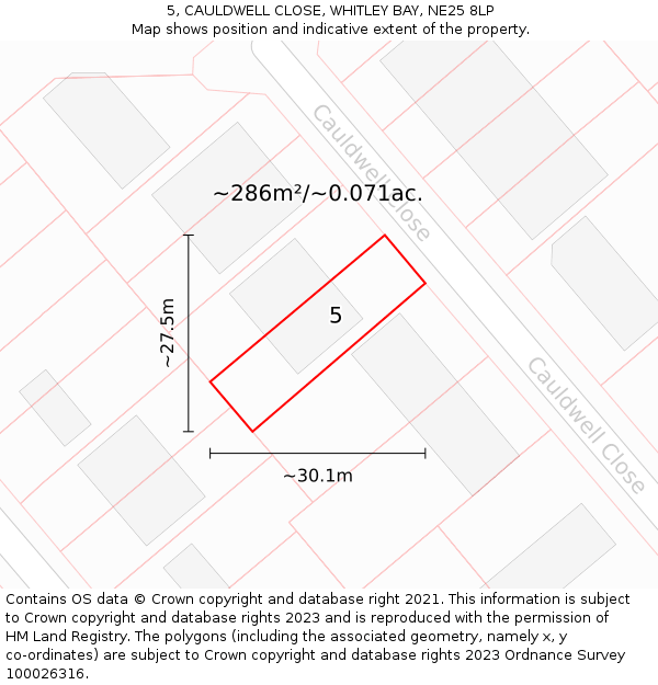 5, CAULDWELL CLOSE, WHITLEY BAY, NE25 8LP: Plot and title map