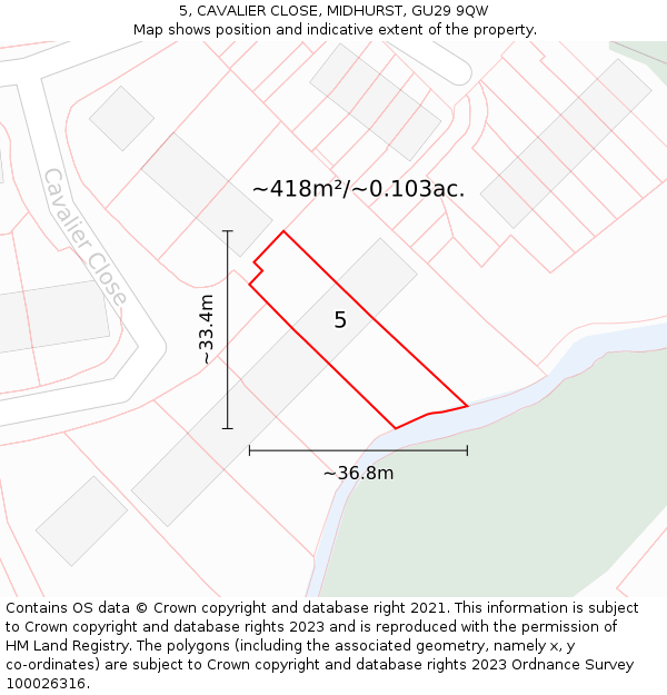 5, CAVALIER CLOSE, MIDHURST, GU29 9QW: Plot and title map