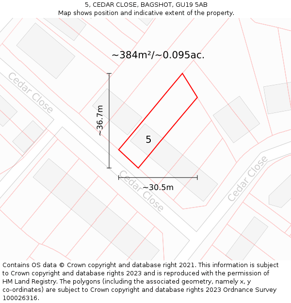 5, CEDAR CLOSE, BAGSHOT, GU19 5AB: Plot and title map