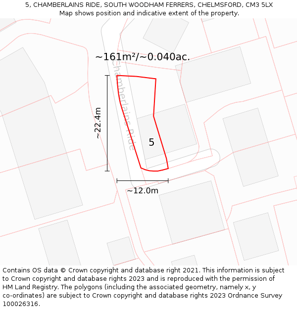 5, CHAMBERLAINS RIDE, SOUTH WOODHAM FERRERS, CHELMSFORD, CM3 5LX: Plot and title map