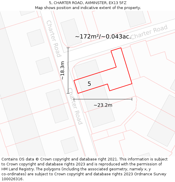 5, CHARTER ROAD, AXMINSTER, EX13 5FZ: Plot and title map