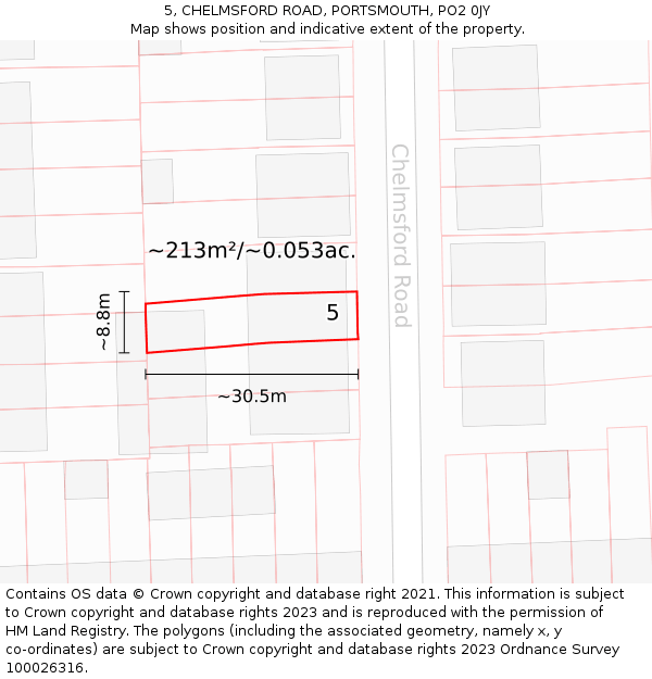 5, CHELMSFORD ROAD, PORTSMOUTH, PO2 0JY: Plot and title map