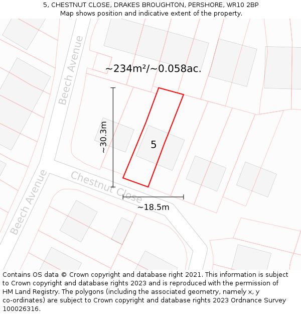 5, CHESTNUT CLOSE, DRAKES BROUGHTON, PERSHORE, WR10 2BP: Plot and title map