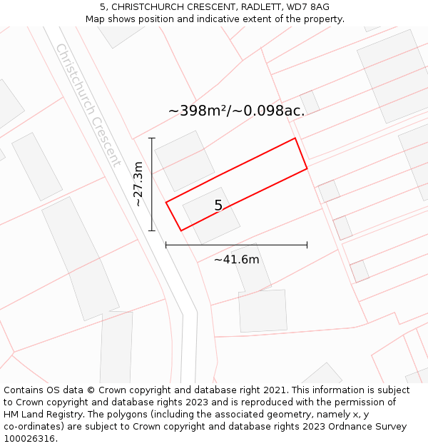 5, CHRISTCHURCH CRESCENT, RADLETT, WD7 8AG: Plot and title map