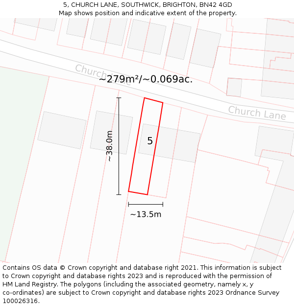 5, CHURCH LANE, SOUTHWICK, BRIGHTON, BN42 4GD: Plot and title map