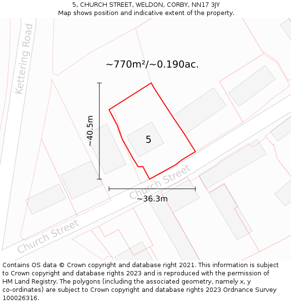 5, CHURCH STREET, WELDON, CORBY, NN17 3JY: Plot and title map