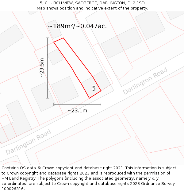 5, CHURCH VIEW, SADBERGE, DARLINGTON, DL2 1SD: Plot and title map