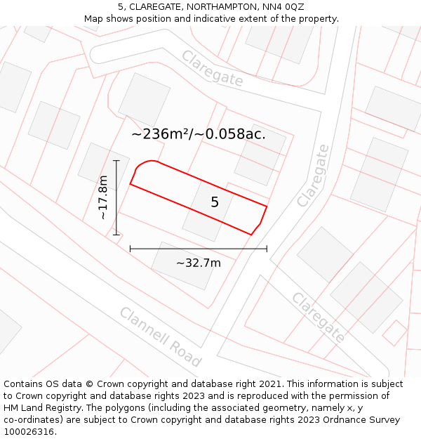 5, CLAREGATE, NORTHAMPTON, NN4 0QZ: Plot and title map