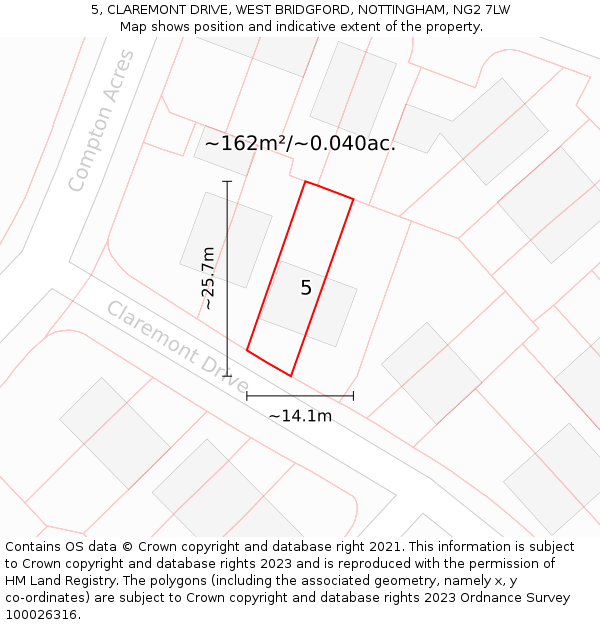 5, CLAREMONT DRIVE, WEST BRIDGFORD, NOTTINGHAM, NG2 7LW: Plot and title map