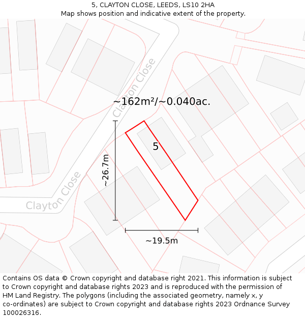 5, CLAYTON CLOSE, LEEDS, LS10 2HA: Plot and title map