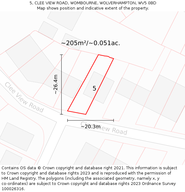 5, CLEE VIEW ROAD, WOMBOURNE, WOLVERHAMPTON, WV5 0BD: Plot and title map