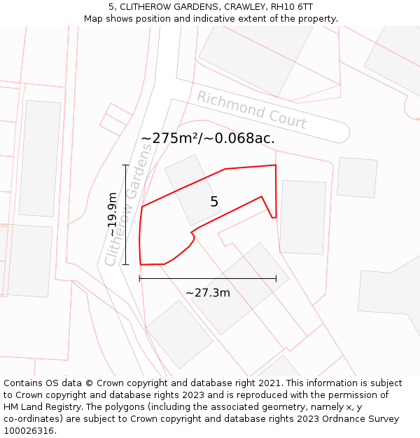 5, CLITHEROW GARDENS, CRAWLEY, RH10 6TT: Plot and title map