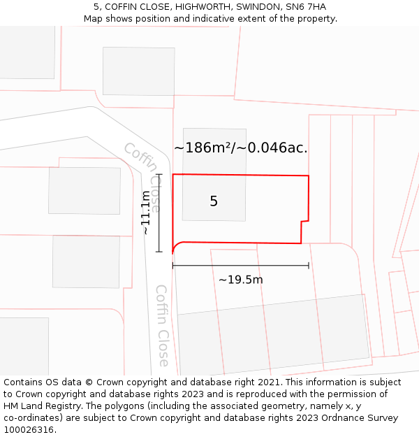 5, COFFIN CLOSE, HIGHWORTH, SWINDON, SN6 7HA: Plot and title map