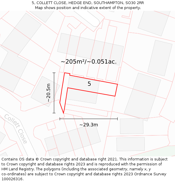 5, COLLETT CLOSE, HEDGE END, SOUTHAMPTON, SO30 2RR: Plot and title map