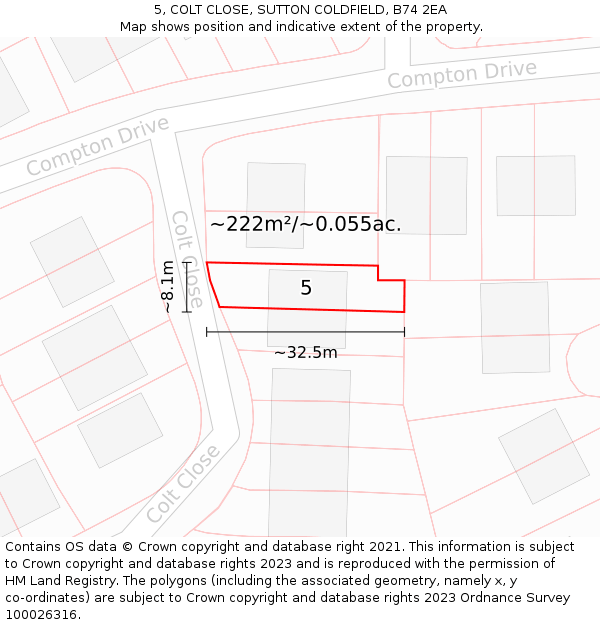 5, COLT CLOSE, SUTTON COLDFIELD, B74 2EA: Plot and title map