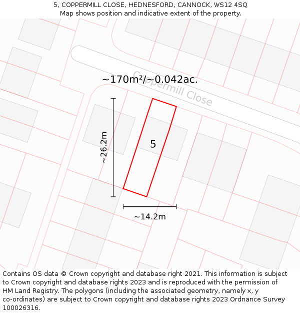 5, COPPERMILL CLOSE, HEDNESFORD, CANNOCK, WS12 4SQ: Plot and title map