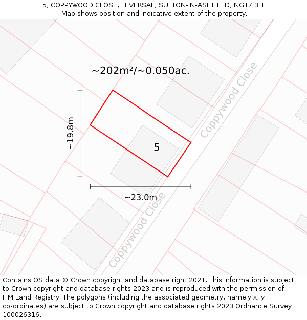 5, COPPYWOOD CLOSE, TEVERSAL, SUTTON-IN-ASHFIELD, NG17 3LL: Plot and title map