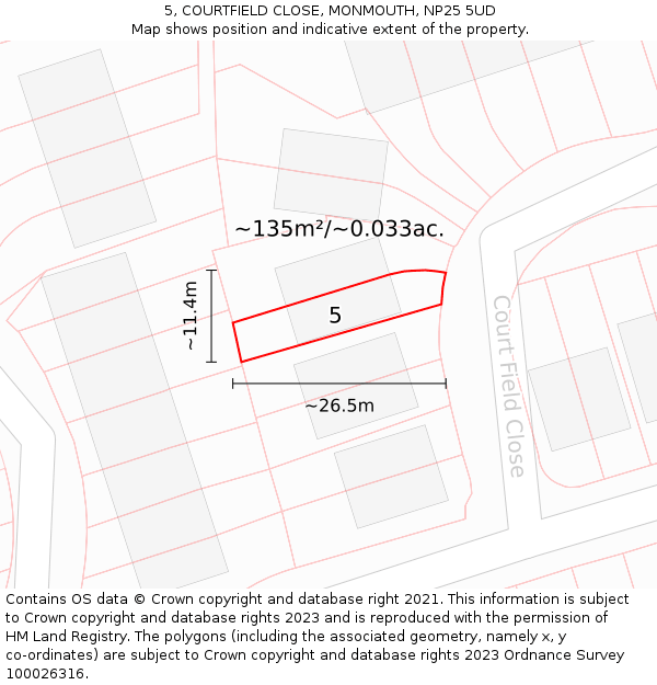 5, COURTFIELD CLOSE, MONMOUTH, NP25 5UD: Plot and title map