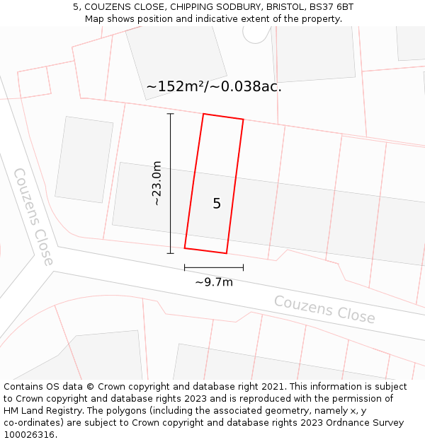 5, COUZENS CLOSE, CHIPPING SODBURY, BRISTOL, BS37 6BT: Plot and title map