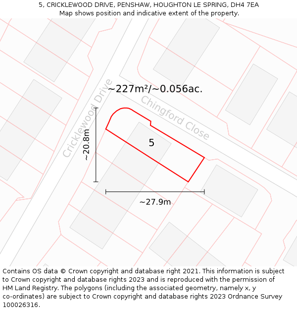 5, CRICKLEWOOD DRIVE, PENSHAW, HOUGHTON LE SPRING, DH4 7EA: Plot and title map