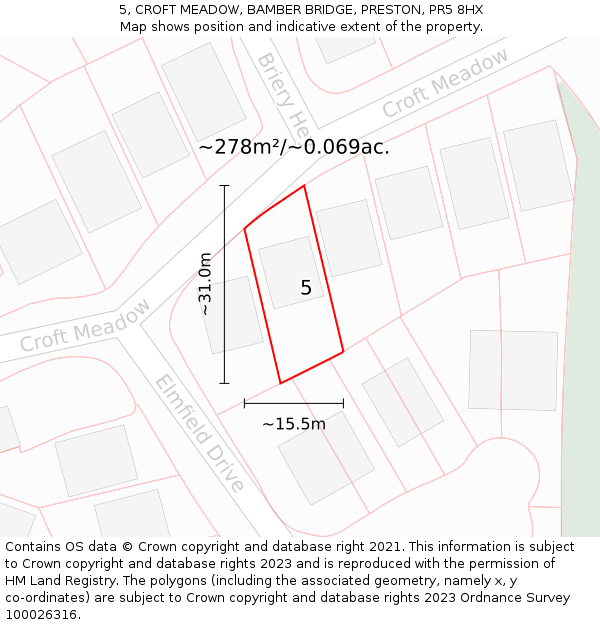 5, CROFT MEADOW, BAMBER BRIDGE, PRESTON, PR5 8HX: Plot and title map