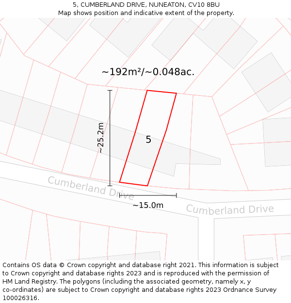 5, CUMBERLAND DRIVE, NUNEATON, CV10 8BU: Plot and title map