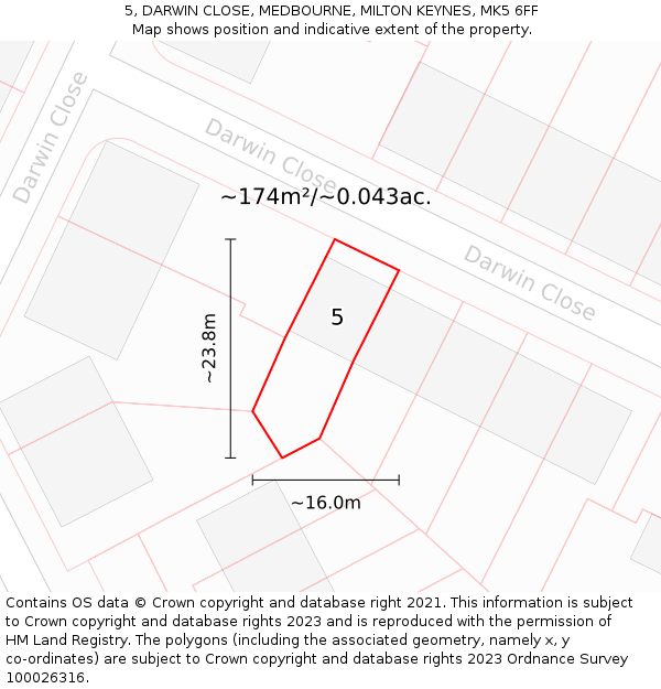 5, DARWIN CLOSE, MEDBOURNE, MILTON KEYNES, MK5 6FF: Plot and title map